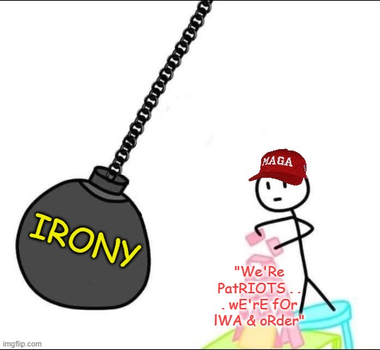 Wrecking ball | IRONY "We'Re PatRIOTS . . . wE'rE fOr lWA & oRder" | image tagged in wrecking ball | made w/ Imgflip meme maker