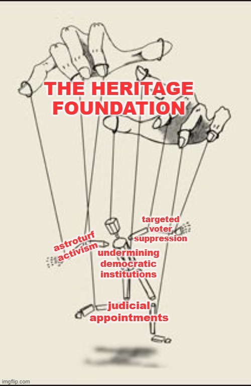 Puppet master | THE HERITAGE FOUNDATION judicial
appointments astroturf
activism targeted
voter
suppression undermining
democratic
institutions | image tagged in puppet master | made w/ Imgflip meme maker