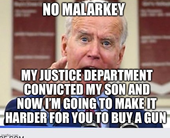 Gun Power Grab | NO MALARKEY; MY JUSTICE DEPARTMENT CONVICTED MY SON AND NOW I’M GOING TO MAKE IT HARDER FOR YOU TO BUY A GUN | image tagged in joe biden no malarkey,gun control | made w/ Imgflip meme maker