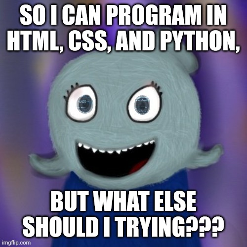 Deep in my eyes is the brain of a programmer | SO I CAN PROGRAM IN HTML, CSS, AND PYTHON, BUT WHAT ELSE SHOULD I TRYING??? | image tagged in therealblue2007 | made w/ Imgflip meme maker