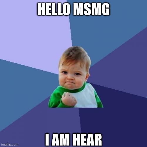 Success Kid Meme | HELLO MSMG; I AM HEAR | image tagged in memes,success kid | made w/ Imgflip meme maker
