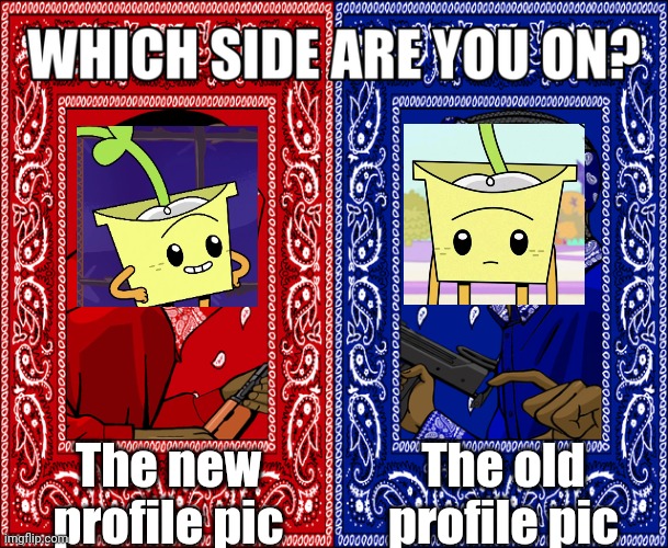 Honestly I choose the blue side | The new profile pic; The old profile pic | image tagged in which side are you on,youtube,memes,profile picture | made w/ Imgflip meme maker