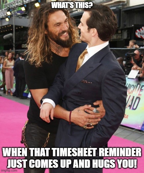 Timesheet Reminder Hug | WHAT'S THIS? WHEN THAT TIMESHEET REMINDER JUST COMES UP AND HUGS YOU! | image tagged in momoa hug,timesheet reminder | made w/ Imgflip meme maker