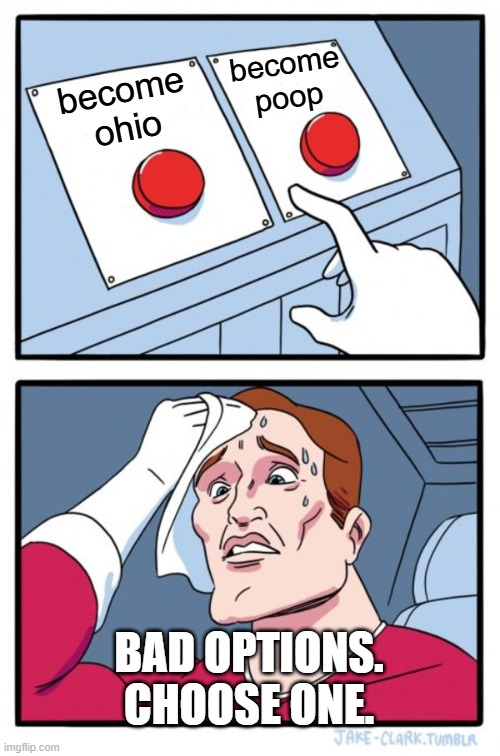 Two Buttons | become
poop; become
ohio; BAD OPTIONS.
CHOOSE ONE. | image tagged in memes,two buttons | made w/ Imgflip meme maker