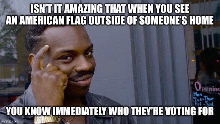 Roll Safe Think About It Meme | ISN’T IT AMAZING THAT WHEN YOU SEE AN AMERICAN FLAG OUTSIDE OF SOMEONE’S HOME; YOU KNOW IMMEDIATELY WHO THEY’RE VOTING FOR | image tagged in memes,roll safe think about it | made w/ Imgflip meme maker