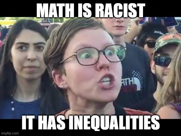 Angry sjw | MATH IS RACIST; IT HAS INEQUALITIES | image tagged in angry sjw | made w/ Imgflip meme maker