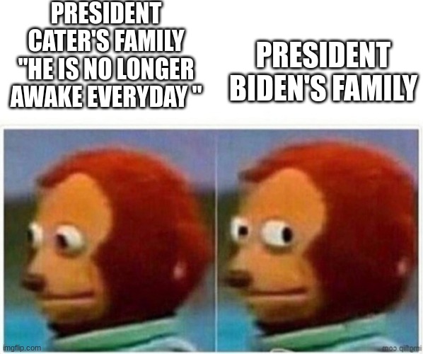 He is no longer aqwake | PRESIDENT CATER'S FAMILY "HE IS NO LONGER AWAKE EVERYDAY "; PRESIDENT BIDEN'S FAMILY | image tagged in monkey puppet flip | made w/ Imgflip meme maker
