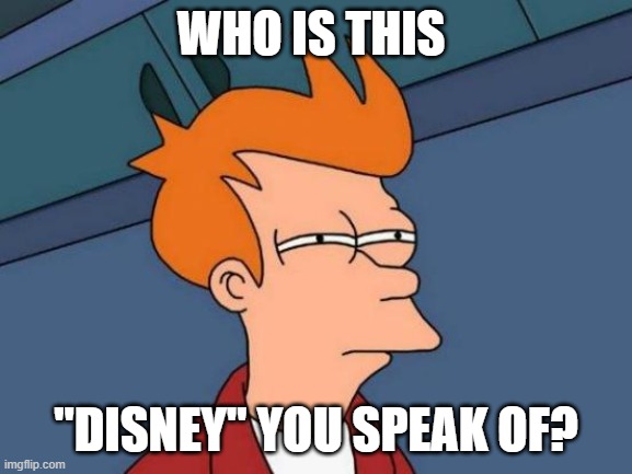 Futurama Fry | WHO IS THIS; "DISNEY" YOU SPEAK OF? | image tagged in memes,futurama fry | made w/ Imgflip meme maker