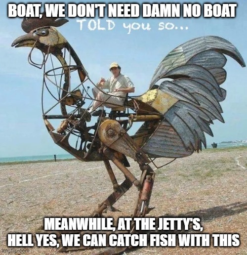When You Really Love The Gamecocks | BOAT, WE DON'T NEED DAMN NO BOAT; MEANWHILE, AT THE JETTY'S, HELL YES, WE CAN CATCH FISH WITH THIS | image tagged in when you really love the gamecocks | made w/ Imgflip meme maker