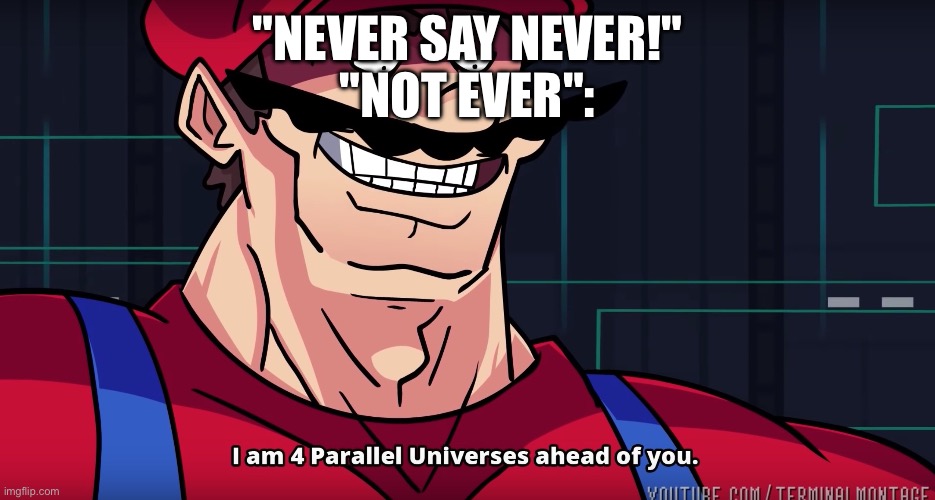 Mario I am four parallel universes ahead of you | "NEVER SAY NEVER!"
"NOT EVER": | image tagged in you have been eternally cursed for reading the tags,if you read this tag you are cursed,secret tag | made w/ Imgflip meme maker