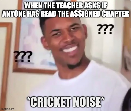 confused nick young | WHEN THE TEACHER ASKS IF ANYONE HAS READ THE ASSIGNED CHAPTER; *CRICKET NOISE* | image tagged in confused nick young | made w/ Imgflip meme maker