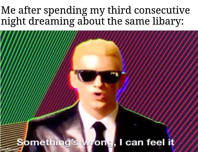 Something’s wrong | Me after spending my third consecutive night dreaming about the same libary: | image tagged in something s wrong,frost | made w/ Imgflip meme maker