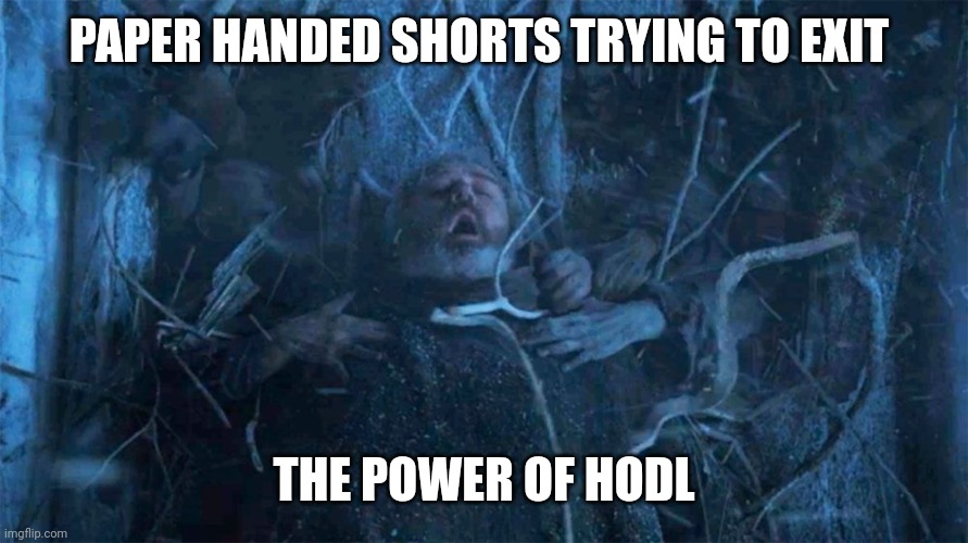 Hold Door Hodor | PAPER HANDED SHORTS TRYING TO EXIT; THE POWER OF HODL | image tagged in hold door hodor | made w/ Imgflip meme maker