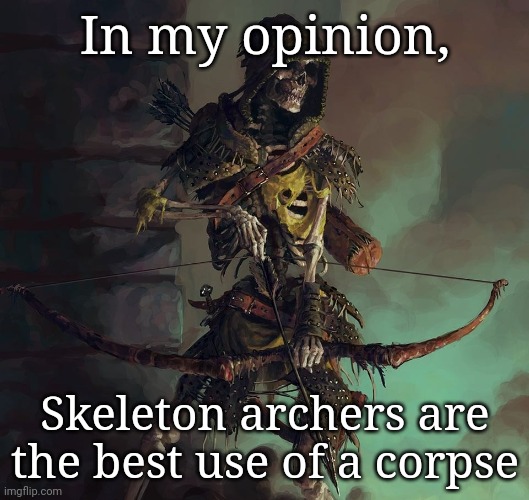 Skeleton archery | In my opinion, Skeleton archers are the best use of a corpse | image tagged in skeleton archery,frost,necromancy | made w/ Imgflip meme maker