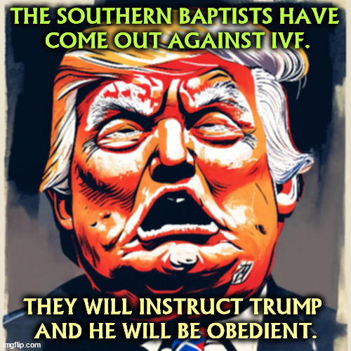 In vitro fertilization? Really? With an election coming up? | THE SOUTHERN BAPTISTS HAVE 
COME OUT AGAINST IVF. THEY WILL INSTRUCT TRUMP 
AND HE WILL BE OBEDIENT. | image tagged in trump,evangelicals,baptists,ivf,coward | made w/ Imgflip meme maker