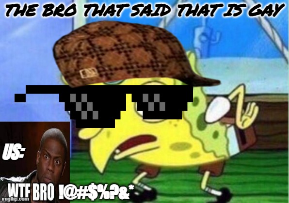 GAY BRO | THE BRO THAT SAID THAT IS GAY; US:; !@#$%?&* | image tagged in memes,mocking spongebob | made w/ Imgflip meme maker