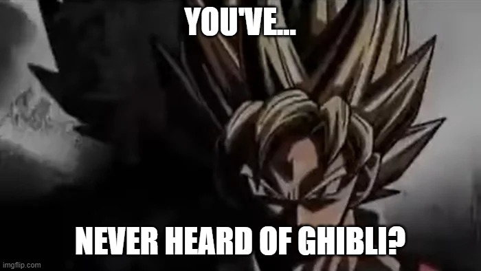 Goku Staring | YOU'VE... NEVER HEARD OF GHIBLI? | image tagged in goku staring | made w/ Imgflip meme maker