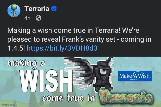 New vanity coming to 1.4.5! | image tagged in terraria,video games,announcement,news,posts,facebook | made w/ Imgflip meme maker
