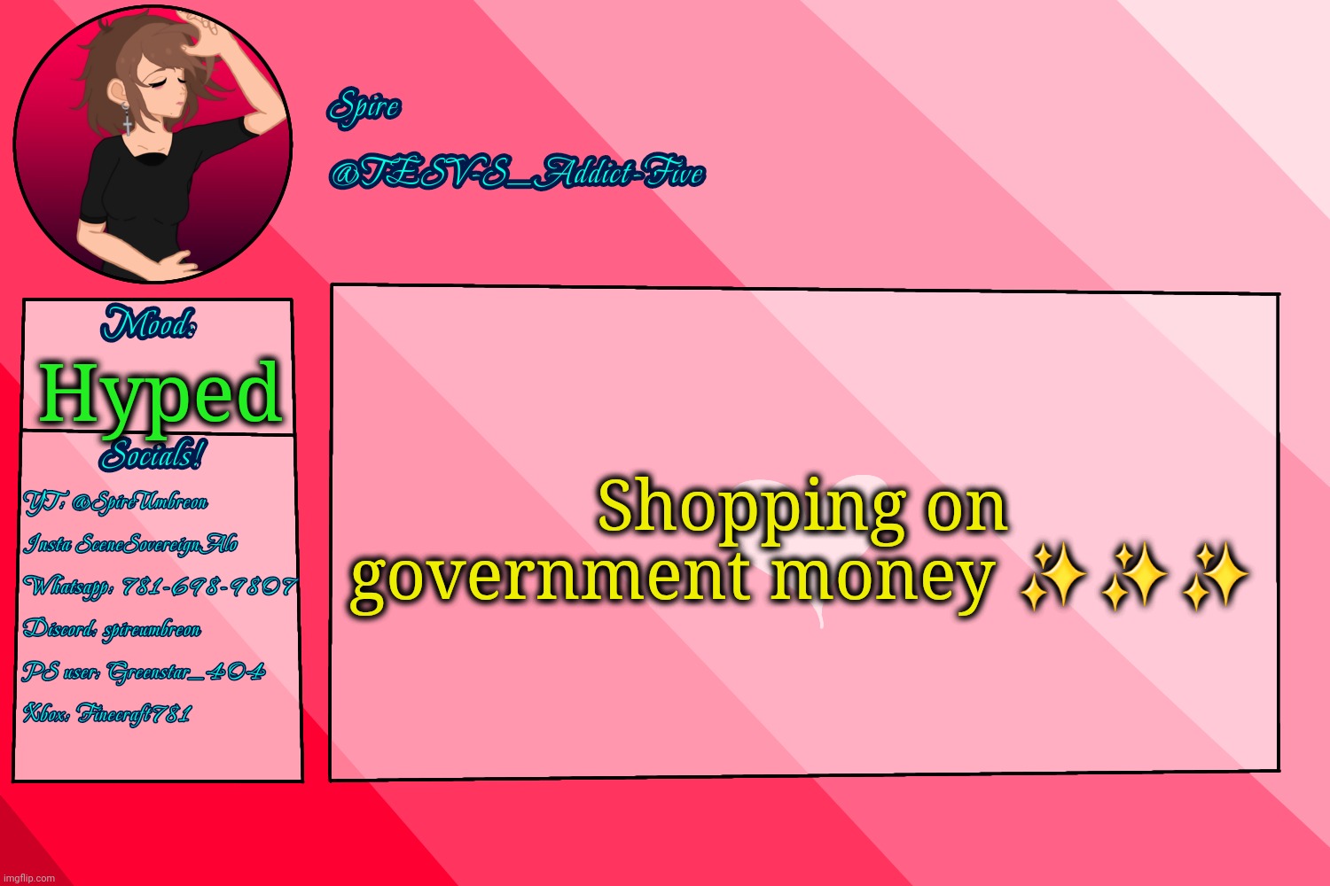 . | Shopping on government money ✨️✨️✨️; Hyped | image tagged in tesv-s_addict-five announcement template | made w/ Imgflip meme maker