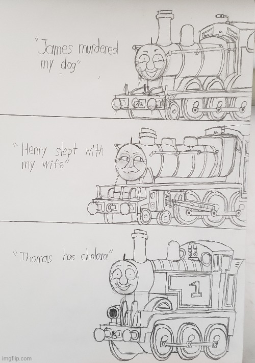 The three parts of Caddicarus' PS1 Thomas video | image tagged in thomas the tank engine,caddicarus,drawing | made w/ Imgflip meme maker