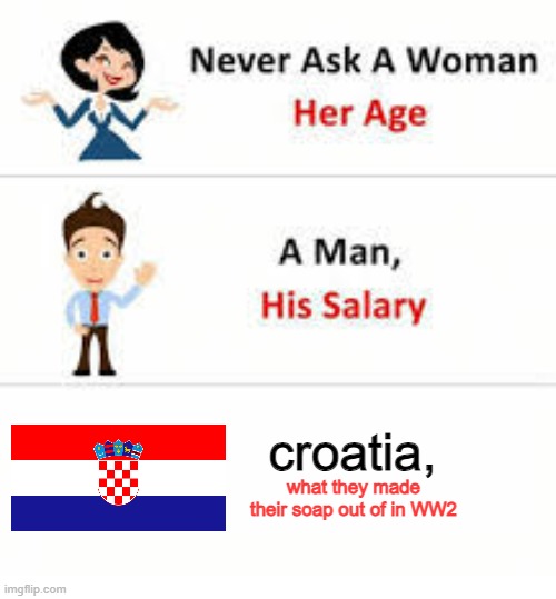 humans | croatia, what they made their soap out of in WW2 | image tagged in memes,history | made w/ Imgflip meme maker