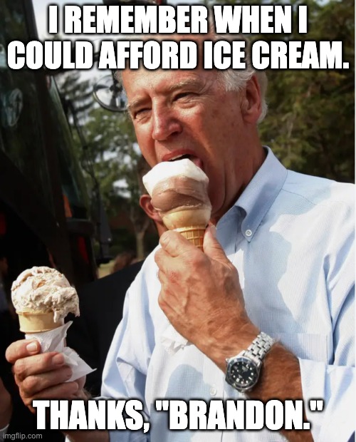 Inflation Makes Luxuries Too Expensive | I REMEMBER WHEN I COULD AFFORD ICE CREAM. THANKS, "BRANDON." | image tagged in joe biden,inflation,ice cream,economy | made w/ Imgflip meme maker