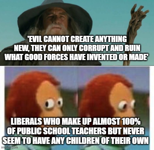 'EVIL CANNOT CREATE ANYTHING NEW, THEY CAN ONLY CORRUPT AND RUIN WHAT GOOD FORCES HAVE INVENTED OR MADE'; LIBERALS WHO MAKE UP ALMOST 100% OF PUBLIC SCHOOL TEACHERS BUT NEVER SEEM TO HAVE ANY CHILDREN OF THEIR OWN | image tagged in what about old friends,side eye teddy | made w/ Imgflip meme maker