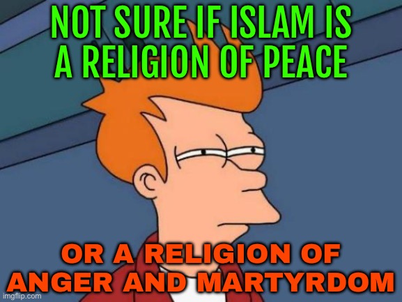 Not Sure If Religion Of Peace Or Religion Of Anger And Martyrdom | NOT SURE IF ISLAM IS
A RELIGION OF PEACE; OR A RELIGION OF ANGER AND MARTYRDOM | image tagged in memes,futurama fry,anti-religion,religion,radical islam,islamic terrorism | made w/ Imgflip meme maker