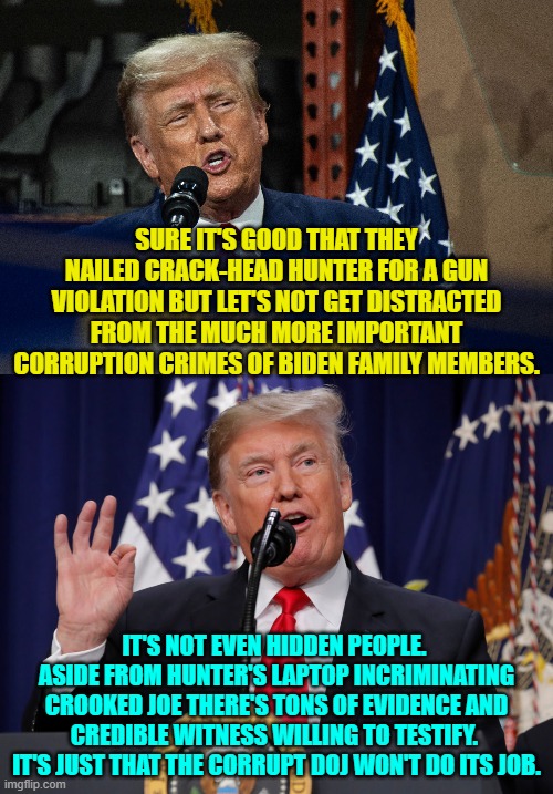 This is true and every intelligent person with ethics KNOWS that it's true. | SURE IT'S GOOD THAT THEY NAILED CRACK-HEAD HUNTER FOR A GUN VIOLATION BUT LET'S NOT GET DISTRACTED FROM THE MUCH MORE IMPORTANT CORRUPTION CRIMES OF BIDEN FAMILY MEMBERS. IT'S NOT EVEN HIDDEN PEOPLE.  ASIDE FROM HUNTER'S LAPTOP INCRIMINATING CROOKED JOE THERE'S TONS OF EVIDENCE AND CREDIBLE WITNESS WILLING TO TESTIFY.  IT'S JUST THAT THE CORRUPT DOJ WON'T DO ITS JOB. | image tagged in yep | made w/ Imgflip meme maker