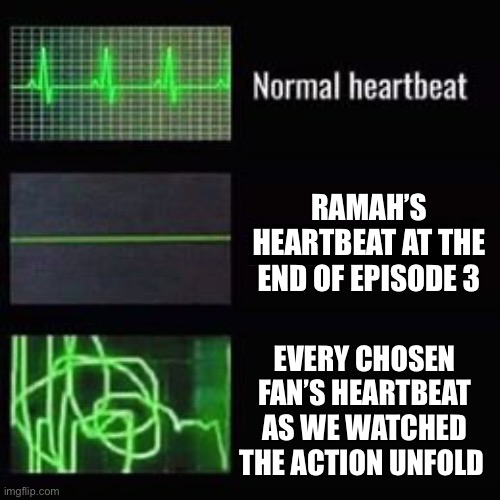 heartbeat rate | RAMAH’S HEARTBEAT AT THE END OF EPISODE 3; EVERY CHOSEN FAN’S HEARTBEAT AS WE WATCHED THE ACTION UNFOLD | image tagged in heartbeat rate,the chosen | made w/ Imgflip meme maker