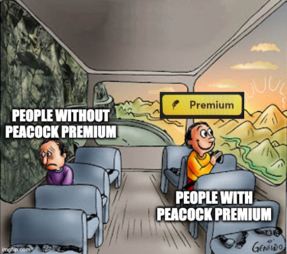 Two guys on a bus | PEOPLE WITHOUT PEACOCK PREMIUM; PEOPLE WITH PEACOCK PREMIUM | image tagged in two guys on a bus,memes,meme,funny,fun,peacock | made w/ Imgflip meme maker