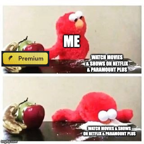 elmo cocaine | ME; WATCH MOVIES & SHOWS ON NETFLIX & PARAMOUNT PLUS; WATCH MOVIES & SHOWS ON NETFLIX & PARAMOUNT PLUS | image tagged in elmo cocaine,memes,meme,funny,fun,relatable | made w/ Imgflip meme maker