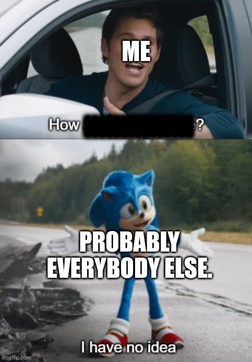 Sonic : How are you still alive | IIIIIIIIIIIIIII ME PROBABLY EVERYBODY ELSE. | image tagged in sonic how are you still alive | made w/ Imgflip meme maker