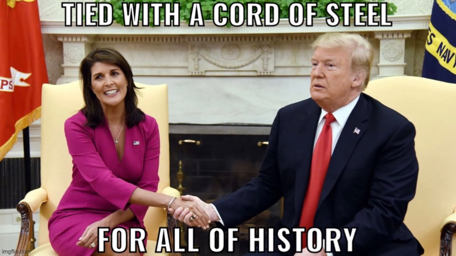 Nikki Haley and Donald Trump Tied with a Cord of Steel for all of History | image tagged in tied with a cord of steel for all of history,donald trump,nikki haley | made w/ Imgflip meme maker