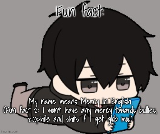 Shadow:bored | Fun fact:; My name means Mercy in English

(Fun fact 2: I won't have any mercy towards bullies, zoophile and shits if I get glob mod) | image tagged in shadow bored | made w/ Imgflip meme maker