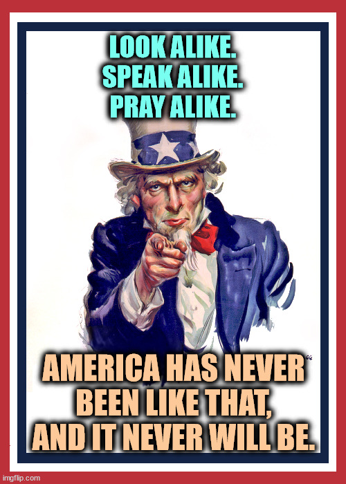 Americans don't all look alike. | LOOK ALIKE.
SPEAK ALIKE.
PRAY ALIKE. AMERICA HAS NEVER BEEN LIKE THAT, AND IT NEVER WILL BE. | image tagged in i want you uncle sam,dei,diversity,difference | made w/ Imgflip meme maker