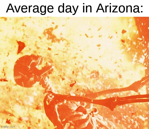 it gets so hot there | Average day in Arizona: | image tagged in fire skeleton,memes,funny,relatable,arizona | made w/ Imgflip meme maker