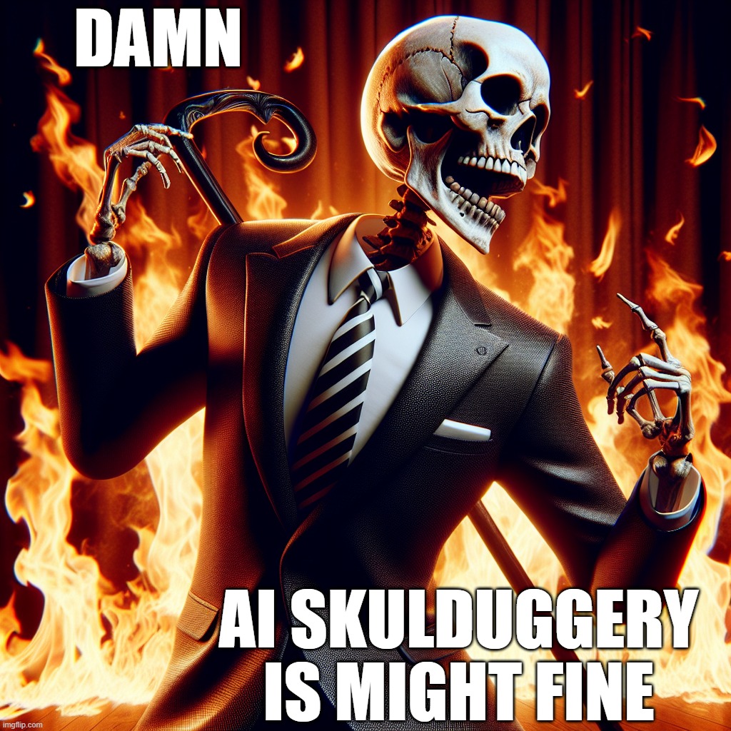 AI Skulduggery | DAMN; AI SKULDUGGERY IS MIGHT FINE | image tagged in surprisingly fine ai skulduggery,i'm scared | made w/ Imgflip meme maker