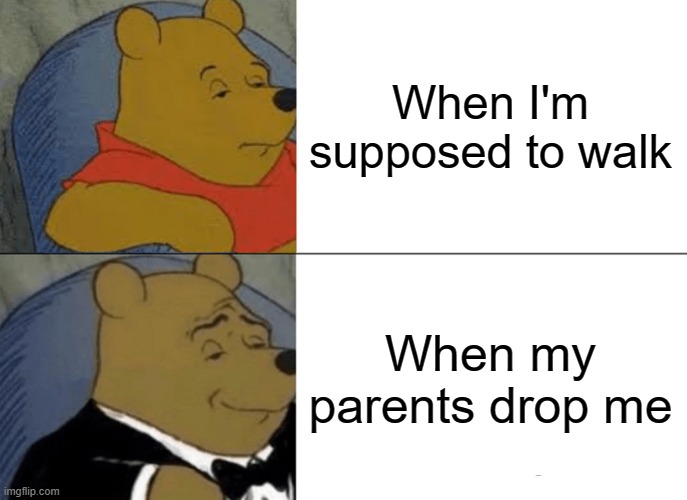 Tuxedo Winnie The Pooh | When I'm supposed to walk; When my parents drop me | image tagged in memes,tuxedo winnie the pooh | made w/ Imgflip meme maker