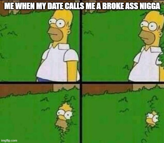 fr | ME WHEN MY DATE CALLS ME A BROKE ASS NIGGA | image tagged in homer simpson in bush - large | made w/ Imgflip meme maker