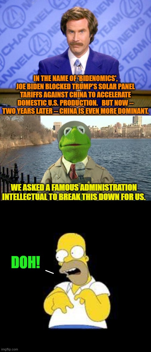 Yes . . . pretty much. | IN THE NAME OF 'BIDENOMICS', JOE BIDEN BLOCKED TRUMP'S SOLAR PANEL TARIFFS AGAINST CHINA TO ACCELERATE DOMESTIC U.S. PRODUCTION.   BUT NOW -- TWO YEARS LATER -- CHINA IS EVEN MORE DOMINANT. WE ASKED A FAMOUS ADMINISTRATION INTELLECTUAL TO BREAK THIS DOWN FOR US. DOH! _ | image tagged in this just in | made w/ Imgflip meme maker