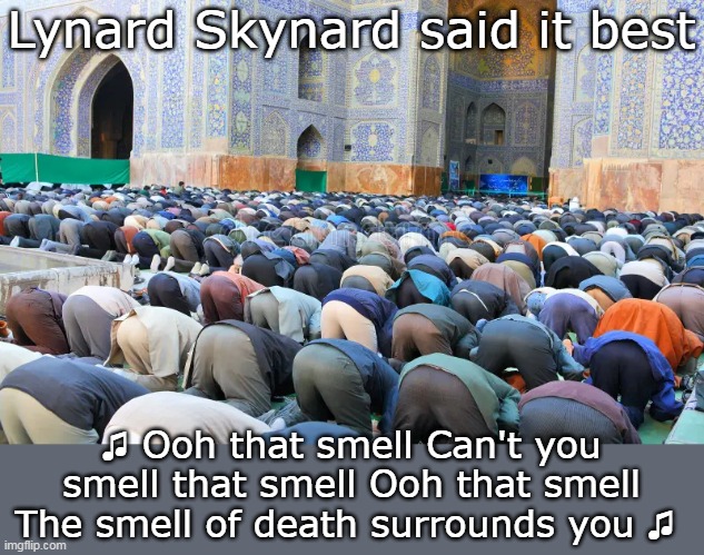 Sing it Sister | Lynard Skynard said it best; ♫ Ooh that smell Can't you smell that smell Ooh that smell The smell of death surrounds you ♫ | image tagged in muslim prayer stank meme | made w/ Imgflip meme maker