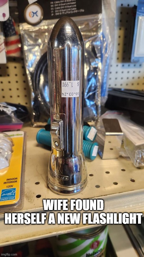 Flashlight | WIFE FOUND HERSELF A NEW FLASHLIGHT | image tagged in adult humor | made w/ Imgflip meme maker