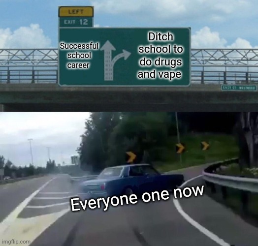 True facts | Successful school career; Ditch school to do drugs and vape; Everyone one now | image tagged in memes,left exit 12 off ramp,so true memes | made w/ Imgflip meme maker