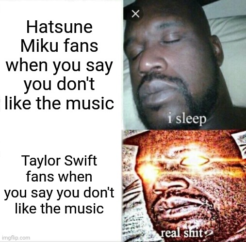 Random thought | Hatsune Miku fans when you say you don't like the music; Taylor Swift fans when you say you don't like the music | image tagged in memes,sleeping shaq | made w/ Imgflip meme maker