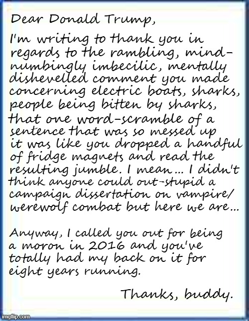 "A few Red Hats in the crowd behind him got that "hold up..." expression during." *OR* "Gabba-gabba-hey, what're you on about?!" | Dear Donald Trump, I'm writing to thank you in; regards to the rambling, mind-; numbingly imbecilic, mentally; dishevelled comment you made; concerning electric boats, sharks, people being bitten by sharks, that one word-scramble of a; sentence that was so messed up; it was like you dropped a handful; of fridge magnets and read the; resulting jumble. I mean... I didn't; think anyone could out-stupid a; campaign dissertation on vampire/; werewolf combat but here we are... Anyway, I called you out for being; a moron in 2016 and you've; totally had my back on it for; eight years running. Thanks, buddy. | image tagged in blank sheet of paper,trump is a moron,trump unfit unqualified dangerous,dumbass | made w/ Imgflip meme maker