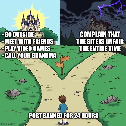 two castles | COMPLAIN THAT THE SITE IS UNFAIR THE ENTIRE TIME; - GO OUTSIDE
- MEET WITH FRIENDS
- PLAY VIDEO GAMES
- CALL YOUR GRANDMA; POST BANNED FOR 24 HOURS | image tagged in two castles | made w/ Imgflip meme maker