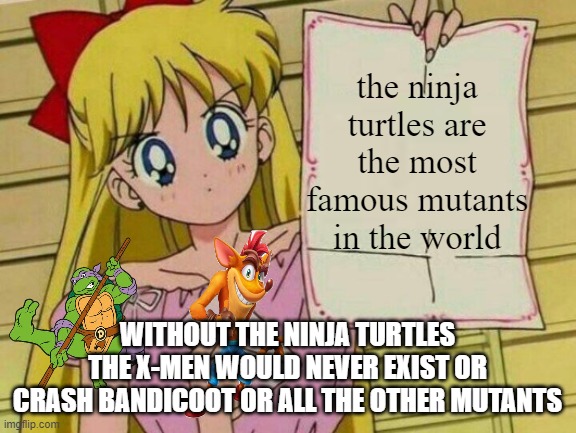 the most famous mutants in the world | the ninja turtles are the most famous mutants in the world; WITHOUT THE NINJA TURTLES THE X-MEN WOULD NEVER EXIST OR CRASH BANDICOOT OR ALL THE OTHER MUTANTS | image tagged in sailor moon blank sign,mutant,teenage mutant ninja turtles,fun fact,tmnt,crash bandicoot | made w/ Imgflip meme maker