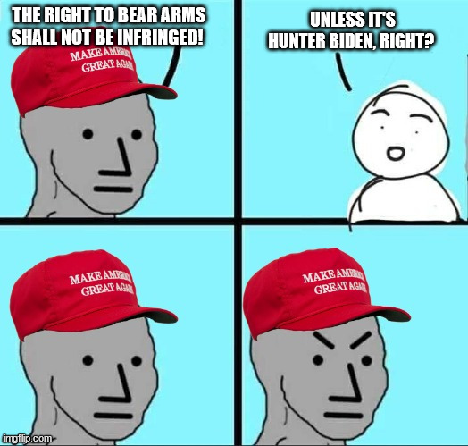 MAGA NPC (AN AN0NYM0US TEMPLATE) | THE RIGHT TO BEAR ARMS SHALL NOT BE INFRINGED! UNLESS IT'S HUNTER BIDEN, RIGHT? | image tagged in maga npc an an0nym0us template | made w/ Imgflip meme maker