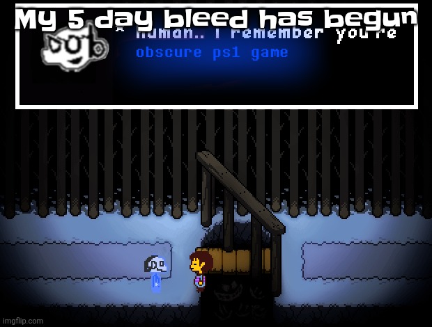Reasons playing as a woman kinda sucks. 1. Unpatchable bug | My 5 day bleed has begun | image tagged in human i remember you're obscure ps1 game | made w/ Imgflip meme maker